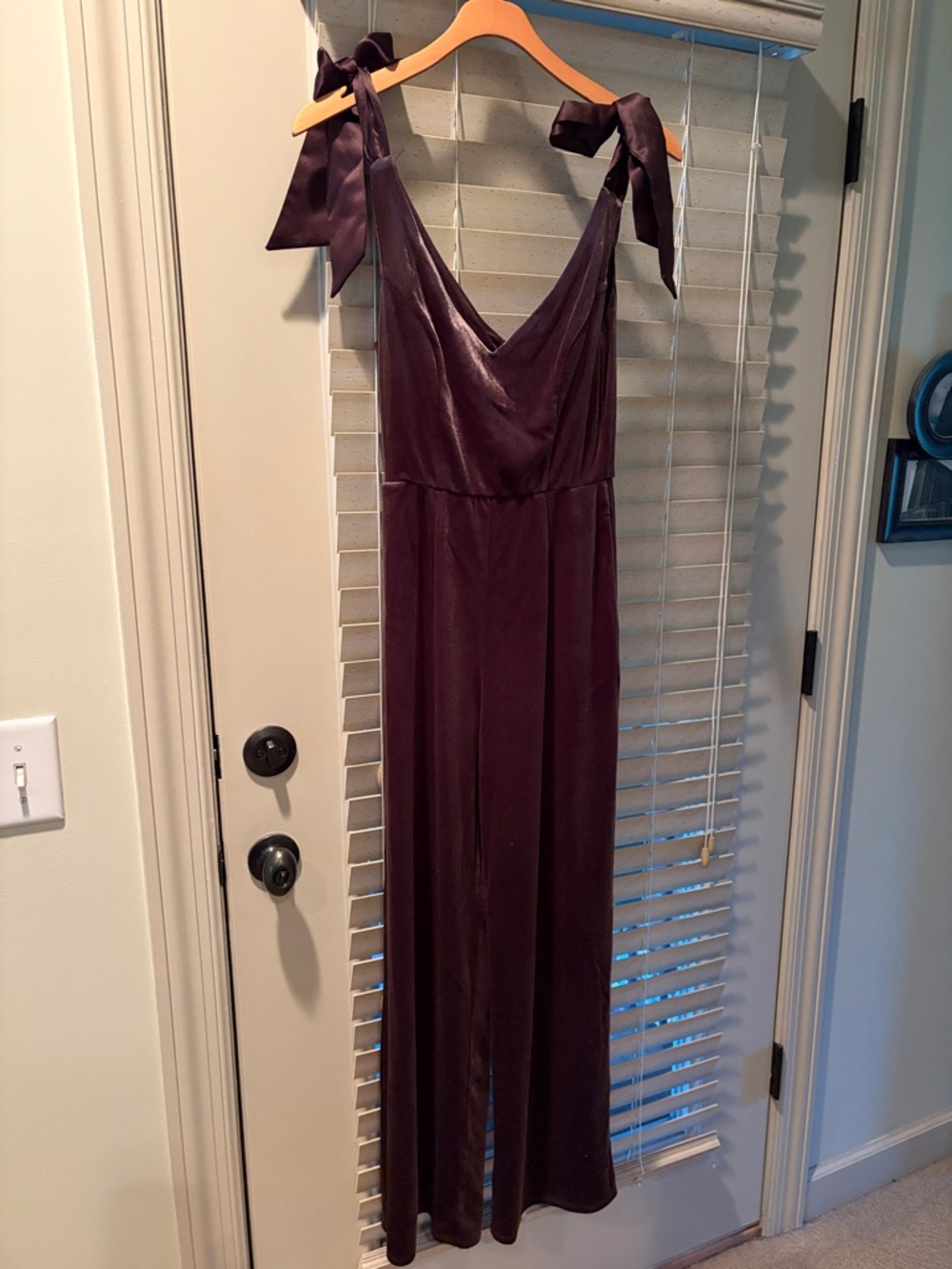 Francesca's Collections Brown Velvet Satin Tie-Shoulder Jumpsuit